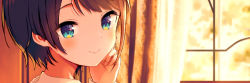 Rule 34 | 1girl, adjusting hair, blue eyes, blurry, blurry background, brown hair, close-up, closed mouth, curtains, dusk, hand on own face, harutari, hololive, light blush, looking at viewer, looking back, oozora subaru, raised eyebrows, shirt, short hair, smile, solo, twitter banner, virtual youtuber, white shirt, window