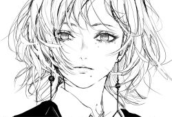 Rule 34 | 1girl, chainsaw man, closed mouth, collared shirt, earrings, fami (chainsaw man), greyscale, inoitoh, jewelry, looking at viewer, messy hair, mole, mole under eye, mole under mouth, monochrome, portrait, shirt, short hair, sideways, solo