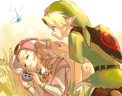 Rule 34 | 1boy, 1girl, bad id, bad twitter id, belt, blonde hair, blue eyes, blush, boots, bracelet, brooch, brown belt, brown footwear, closed eyes, commentary request, deku shield, dress, fairy, feet out of frame, from side, gradient background, grass, green headwear, green tunic, highres, holding, holding instrument, instrument, jewelry, kneeling, link, long sleeves, looking at another, navi, nintendo, ocarina, phrygian cap, pointy ears, princess zelda, profile, purple dress, purple headwear, shield, shield on back, short sleeves, shoulder strap, sidelocks, sleeping, the legend of zelda, the legend of zelda: ocarina of time, tunic, upper body, veil, white background, wooden shield, yasurii (axlee), yellow background, young link, young zelda