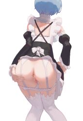 Rule 34 | 1girl, absurdres, after anal, anus, ass, back bow, black skirt, black sleeves, blue hair, bow, clothes lift, cum, cum in ass, cumdrip, detached sleeves, female focus, from behind, garter straps, hand on own ass, highres, leaning forward, long sleeves, maid, miniskirt, panties, panties over garter belt, panty pull, pussy, re:zero kara hajimeru isekai seikatsu, rem (re:zero), roswaal mansion maid uniform, short hair, shoulder blades, simple background, skirt, skirt lift, solo, standing, thighhighs, toxic (toxicv), uncensored, underwear, white background, white bow, white panties, white thighhighs