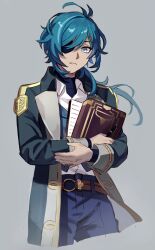 Rule 34 | 1boy, black jacket, black sweater, blue eyes, blue hair, blue vest, book, eyepatch, genshin impact, grey background, highres, holding, holding book, holding pen, jacket, kaeya (genshin impact), long hair, long sleeves, looking at viewer, low ponytail, male focus, oymng 5, pen, shirt, solo, sweater, turtleneck, turtleneck sweater, vest, white shirt