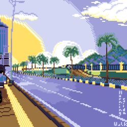 Rule 34 | building, city, cloud, cloudy sky, highres, morning, mountain, original, palm tree, pixel art, purple sky, road, scenery, sidewalk, sky, street, sun, sunrise, tomoruka mr, tree