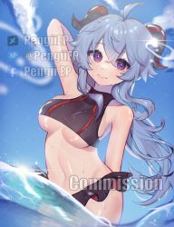 Rule 34 | 1girl, absurdres, ahoge, arm up, armpits, bare shoulders, bikini, black bikini, blue hair, blue sky, blush, breasts, breasts day, clear sky, commentary, commission, curled horns, embarrassed, english commentary, eyelashes, facebook logo, facebook username, ganyu (genshin impact), genshin impact, goat horns, highres, horns, large breasts, light smile, lips, long hair, navel, ocean, pengiiep, purple eyes, shiny skin, sidelocks, sky, solo, stomach, swimsuit, thighs, twitter logo, twitter username, underboob, water, water drop, wet, wet clothes