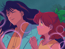 Rule 34 | 1boy, 1girl, bad id, bad pixiv id, bishoujo senshi sailor moon, blush, bow, brown hair, buttons, closed eyes, closed mouth, collarbone, collared shirt, commentary request, earrings, eyelashes, green bow, green eyes, hair bow, hand up, highres, interlocked fingers, jacket, jewelry, long hair, looking at another, nephrite (sailor moon), night, oosaka naru, orange shirt, outdoors, own hands together, parted lips, shirt, short hair, sky, smile, star (sky), t (moguro)