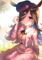 Rule 34 | 1girl, animal ears, beret, black bow, bow, brown hair, closed mouth, collared shirt, commentary request, eighth note, hair over one eye, hand up, hat, horse ears, jacket, long hair, looking at viewer, musical note, open clothes, open jacket, pink jacket, pink skirt, pink vest, purple eyes, purple hat, rice shower (umamusume), shimaji, shirt, signature, sitting, skirt, smile, solo, striped clothes, striped skirt, striped vest, tilted headwear, umamusume, vertical-striped clothes, vertical-striped skirt, vertical-striped vest, very long hair, vest, white shirt