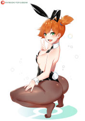 Rule 34 | 1girl, animal ears, areola slip, ass, blush, breasts, creatures (company), detached collar, fake animal ears, feet, game freak, green eyes, leotard, light blush, looking at viewer, looking back, misty (pokemon), necktie, nintendo, no shoes, open mouth, orange hair, pantyhose, playboy bunny, pokemon, pokemon (anime), pokemon (classic anime), rabbit ears, rabbit tail, shiny skin, side ponytail, simple background, small breasts, smile, solo, squatting, tail, tofuubear, v, wrist cuffs