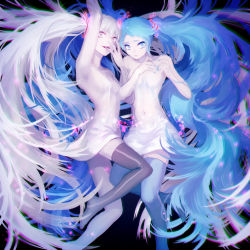 Rule 34 | 2girls, absurdres, arm up, bare arms, bare shoulders, big hair, black background, black legwear, blue eyes, blue hair, blue legwear, blue nails, breasts, broken, closed mouth, colored eyelashes, covered navel, creator connection, cube, dress, dual persona, eyelashes, ghost rule (vocaloid), grey eyes, hair between eyes, hair ornament, hatsune miku, highres, hona (platinum egg), leg up, liar dance (vocaloid), light particles, locked arms, long hair, looking at viewer, looking away, looking to the side, multiple girls, nail polish, navel, no shoes, parted lips, revealing clothes, see-through, silver nails, small breasts, smile, smirk, songover, strapless, teeth, thighhighs, transparent, twintails, vocaloid, white dress, white hair