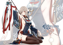 Rule 34 | 1girl, braid, breasts, clouble, detached sleeves, grey hair, hair ornament, high heels, highres, holding, holding staff, long hair, looking at viewer, medium breasts, no panties, official art, parted lips, red: pride of eden, red eyes, shaw (pride of eden), side-tie costume, sideboob, sidelocks, slit pupils, solo, staff, thighhighs, thighs, zoom layer