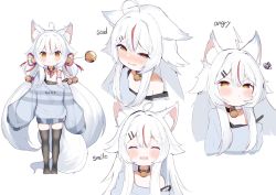 Rule 34 | 1girl, ahoge, angry, animal ear fluff, animal ears, bell, blush, character sheet, collar, commentary, english commentary, english text, expressive hair, fox ears, fox girl, fox tail, highres, kamiko kana, long hair, multicolored hair, multiple views, neck bell, off shoulder, official art, open mouth, pout, red hair, sad, second-party source, sleeves past wrists, streaked hair, sweater, tail, tank top, tearing up, thighhighs, tsunderia, v-shaped eyebrows, very long hair, virtual youtuber, white background, white hair, yinpa (wanone500511)