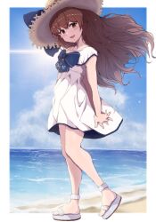 Rule 34 | 1girl, alternate hair length, alternate hairstyle, beach, blue sky, blush, brown eyes, brown hair, cloud, cloudy sky, day, dress, hat, headgear, highres, kantai collection, ld (luna dial398), long hair, looking at viewer, ocean, official alternate costume, open mouth, outdoors, sand, sandals, sky, smile, solo, sun hat, sundress, sunlight, toes, water, yukikaze (kancolle)