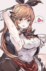 Rule 34 | 10s, 1girl, :d, arm up, armpits, black gloves, black pantyhose, black ribbon, breasts, clarisse (granblue fantasy), covered erect nipples, gloves, granblue fantasy, green eyes, hair ribbon, heart, light brown hair, long hair, miniskirt, open mouth, pantyhose, ponytail, red skirt, ribbon, sideboob, simple background, skirt, smile, solo, speech bubble, spoken heart, steam, sweat, toi (toiot)