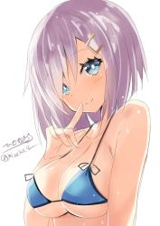 bikini blue_bikini blue_eyes blush breasts closed_mouth grey_hair hair_ornament hairclip hamakaze_(kancolle) highres hizaka kantai_collection large_breasts looking_at_viewer one-hour_drawing_challenge short_hair simple_background smile solo swimsuit twitter_username white_background