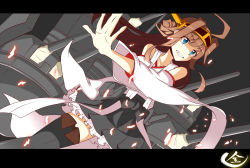 Rule 34 | 10s, 1girl, ahoge, bad id, bad pixiv id, blue eyes, boots, brown hair, detached sleeves, embers, hairband, japanese clothes, kantai collection, kongou (kancolle), letterboxed, long hair, machinery, nontraditional miko, personification, solo, suu2510, thigh boots, thighhighs, turret, wide sleeves