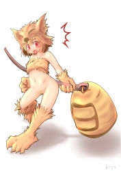 Rule 34 | 1girl, ^^^, absurdres, animal hands, bandaid, bandaid on pussy, bell, blonde hair, blush, bottomless, commentary request, fang, flat chest, fox hat, full body, highres, holding, holding staff, hoyo (petit toys), looking at viewer, moonlight flower, open mouth, ragnarok online, red eyes, short hair, signature, simple background, solo, staff, white background