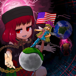 Rule 34 | 3girls, american flag, american flag dress, american flag pants, arm up, arms up, back, black choker, black dress, black headwear, black shirt, black sky, blonde hair, chain, chinese clothes, choker, closed mouth, clothes writing, clownpiece, commentary request, dress, earth (ornament), earth (planet), energy, fairy wings, flower, flying, frills, gold chain, grass, green skirt, hand up, hands up, hat, hecatia lapislazuli, jester cap, junko (touhou), leaf, legacy of lunatic kingdom, light, lightning, long hair, long sleeves, looking to the side, medium hair, moon, moon (ornament), multicolored clothes, multicolored skirt, multiple girls, neck ruff, night, night sky, ninniku (ninnniku105), no shoes, open mouth, orange hair, pants, phoenix crown, pink headwear, planet, polka dot, pom pom (clothes), purple flower, purple skirt, red eyes, red flower, red hair, red skirt, sharp teeth, shirt, short sleeves, skirt, sky, smile, space, standing, star (symbol), star print, striped clothes, striped dress, striped pants, t-shirt, teeth, touhou, underworld (ornament), v-shaped eyebrows, white flower, wide sleeves, wings
