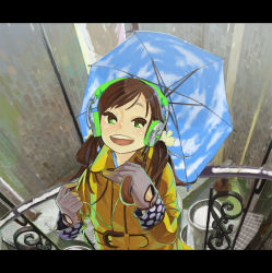 Rule 34 | (stag), 1girl, :d, brown eyes, brown hair, gloves, headphones, highres, letterboxed, open mouth, original, raincoat, sky print, smile, solo, umbrella
