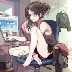 Rule 34 | 1girl, armpit peek, ball, barefoot, black hair, blue eyes, bubble tea, chair, closed mouth, clothes hanger, computer, crossed legs, cup, cushion, desk, disposable cup, dolphin shorts, drinking straw, folded ponytail, glasses, highres, holding, holding ball, holding cushion, laptop, light particles, light smile, looking at screen, mirror, nintendo switch, office chair, on one knee, screen, shirt, shorts, sitting, sleeveless, sleeveless shirt, slime (dragon quest), solo, stuffed toy, swivel chair, tennohi, thermos, thighs, typing, wavy hair