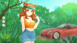 Rule 34 | 1girl, animal ears, artist request, blush, brown eyes, brown hair, car, cat ears, copyright request, eastasiasoft, forest, game cg, lens flare, looking at viewer, medium hair, motor vehicle, nature, neko secret room, screencap, shorts, solo, sports car, sun visor, tagme, tank top, wrench