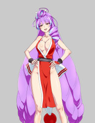 Rule 34 | 10s, 1girl, :d, breasts, cleavage, cosplay, don (rg06268), fatal fury, grey background, hands on own hips, highres, koshimizu ami, long hair, macross, macross delta, mikumo guynemer, multicolored hair, open mouth, purple hair, red eyes, voice actor connection, shiranui mai, shiranui mai (cosplay), simple background, smile, solo, the king of fighters, very long hair