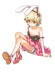 10s 1boy animal_ears bad_id bare_shoulders barnaby_brooks_jr. blonde_hair bloomers rabbit_ears child crossdressing earrings green_eyes headband jewelry male_focus off_shoulder short_hair shorts solo strap_slip tiger_&amp;_bunny trap twenty underwear aged_down