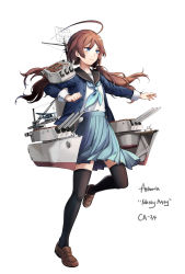 Rule 34 | 1girl, ahoge, aircraft, airplane, biplane, black thighhighs, blazer, blue eyes, blue jacket, blue skirt, brown footwear, brown hair, cannon, character name, commentary, crane (machine), english commentary, full body, highres, huge ahoge, jacket, loafers, long hair, long sleeves, low twintails, machinery, mecha musume, neckerchief, open clothes, open jacket, original, personification, pleated skirt, sailor collar, school uniform, serafuku, shirt, shoes, simple background, skirt, solo, thighhighs, turret, twintails, uss astoria (ca-34), white background, white shirt, yorktown cv-5