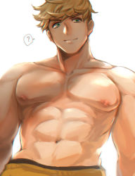 Rule 34 | 1boy, ?, abs, bara, blonde hair, chromatic aberration, closed mouth, granblue fantasy, green eyes, large pectorals, looking at viewer, male focus, male swimwear, muscular, muscular male, navel, nipples, orange male swimwear, orange swim trunks, pectorals, short hair, smile, solo, sumo fck, swim trunks, swimsuit, topless male, undercut, vane (granblue fantasy)
