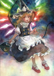 Rule 34 | 1girl, apron, back bow, black hat, black skirt, black vest, blonde hair, bow, buttons, cosplay, crystal, fang, flandre scarlet, frilled skirt, frills, hair bow, hat, hat bow, highres, kirisame marisa, kirisame marisa (cosplay), laevatein (touhou), mary janes, medium hair, misawa hiroshi, one side up, painting (medium), pointy ears, puffy short sleeves, puffy sleeves, red eyes, red footwear, shirt, shoes, short sleeves, simple background, skirt, skirt set, socks, solo, touhou, traditional media, turtleneck, vest, waist apron, watercolor (medium), white apron, white background, white bow, white shirt, wings, witch hat