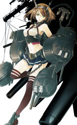 Rule 34 | 10s, 1girl, anchor, bare shoulders, boots, breasts, brown hair, brown thighhighs, cannon, gloves, green eyes, hairband, headgear, highres, kantai collection, koma kiri aoko, lips, midriff, miniskirt, mutsu (kancolle), navel, personification, short hair, skirt, smile, solo, thighhighs, turret
