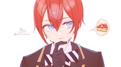 Rule 34 | 1boy, black gloves, black jacket, blue eyes, bow, closed mouth, collared shirt, diagonal stripes, gloves, hair between eyes, hand up, highres, jacket, looking away, looking to the side, male focus, red hair, riddle rosehearts, shirt, signature, simple background, sofra, solo, sparkle, spoken food, striped, striped bow, thinking, thought bubble, twisted wonderland, twitter username, upper body, white background, white shirt