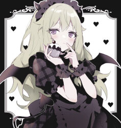 Rule 34 | 1girl, apron, black apron, black dress, black headwear, black horns, black wings, blush, closed mouth, commentary, cupcake, demon horns, demon tail, demon wings, dress, food, frilled sleeves, frills, green hair, heart, holding, holding food, horns, kusanagi nene, long hair, looking to the side, maid headdress, plaid, plaid dress, project sekai, puffy short sleeves, puffy sleeves, purple eyes, qi7pi, short sleeves, solo, symbol-only commentary, tail, very long hair, wings, wrist cuffs