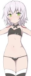 Rule 34 | 1girl, bare shoulders, black panties, black thighhighs, blush, closed mouth, collarbone, facial scar, fate/grand order, fate (series), green eyes, groin, hair between eyes, highres, jack the ripper (fate/apocrypha), looking at viewer, lying, navel, on back, outstretched arms, panties, revealing clothes, scar, scar across eye, scar on cheek, scar on face, shoulder tattoo, silver hair, solo, spread arms, tattoo, thighhighs, underwear, white background, yakihebi