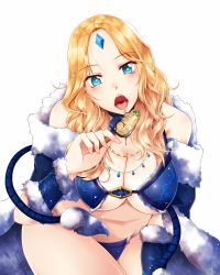 Rule 34 | 1girl, aqua eyes, bare shoulders, bikini, blonde hair, breasts, cleavage, crystal, crystal maiden, dota (series), dota 2, eating, fennek, highres, hip focus, jewelry, large breasts, long hair, necklace, open mouth, simple background, solo, swimsuit, thighs, white background