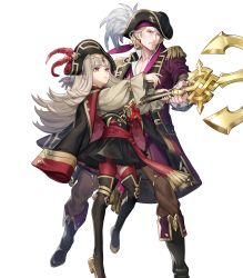 Rule 34 | 1boy, 1girl, blonde hair, boots, detached sleeves, fire emblem, fire emblem fates, fire emblem heroes, full body, grey hair, hat, highres, knee boots, long sleeves, nintendo, official alternate costume, official art, pants, pirate hat, red eyes, red thighhighs, skirt, thighhighs, transparent background, veronica (fire emblem), xander (fire emblem), xander (pirate) (fire emblem), zettai ryouiki