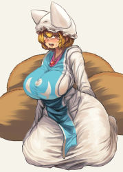 Rule 34 | 1girl, alternate eye color, animal hat, arm at side, arm behind back, blonde hair, blush, breasts, brown eyes, chanta (ayatakaoisii), curvy, dress, eyebrows, fluffy, fox tail, hat, highres, huge breasts, long sleeves, looking at viewer, mob cap, multiple tails, open mouth, mob cap, plump, seiza, short hair, simple background, sitting, solo, sweat, tabard, tail, taut clothes, teeth, thick thighs, thighs, tongue, touhou, white dress, wide hips, yakumo ran
