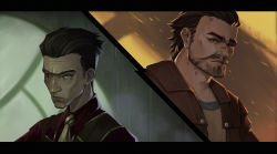 Rule 34 | 2boys, arcane: league of legends, beard, black sclera, blood, blood on face, brown shirt, closed mouth, collared shirt, colored sclera, facial hair, grey background, grey eyes, hair slicked back, heterochromia, highres, jacket, jangsunyo, league of legends, looking at viewer, male focus, multiple boys, necktie, open clothes, open jacket, orange eyes, portrait, red jacket, red shirt, scar, scar across eye, scar on face, shirt, short hair, silco (arcane), vander (arcane), vest
