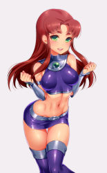 Rule 34 | 1girl, animification, bad id, bad tumblr id, bare shoulders, breasts, dc comics, detached sleeves, gorget, green eyes, grey background, hizuki akira, legs, long hair, midriff, open mouth, purple thighhighs, red hair, simple background, skirt, small breasts, smile, solo, starfire, teen titans, thigh gap, thighhighs, thighs, w arms