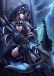 Rule 34 | 1girl, black gloves, black hair, black thighhighs, bow (weapon), breasts, cleavage, cleavage cutout, clothing cutout, cross, crossbow, cu.el, gloves, hair over eyes, hair over one eye, hood, huge weapon, kaizeru, lightning, long hair, night, nun, original, parted lips, red eyes, silver hair, sitting, smile, solo, thighhighs, weapon