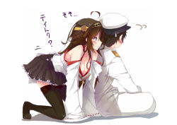 Rule 34 | 10s, 1boy, 1girl, admiral (kancolle), ahoge, all fours, bad id, bad pixiv id, blush, boots, breasts, brown hair, cleavage, detached sleeves, japanese clothes, kantai collection, kongou (kancolle), large breasts, long hair, military, military uniform, miniskirt, pleated skirt, ribbon-trimmed sleeves, ribbon trim, simple background, sitting, skirt, sweatdrop, thigh boots, thighhighs, translation request, uniform, white background, yuui hutabakirage, zettai ryouiki