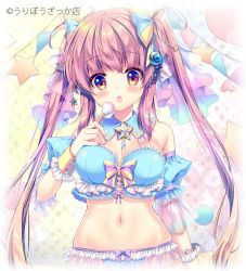 Rule 34 | 1girl, bare shoulders, blue bow, blue collar, blue sleeves, blush, bow, brown hair, collar, commentary request, detached collar, detached sleeves, fingernails, frills, gradient hair, hair between eyes, hair bow, heart, holding, light brown hair, looking at viewer, makeup brush, mizuki yuuma, multicolored hair, multicolored nails, nail polish, navel, open mouth, original, pink nails, puffy short sleeves, puffy sleeves, red eyes, see-through, short sleeves, sidelocks, solo, star (symbol), strapless, striped, striped bow, twintails, watermark, wrist cuffs