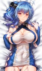 Rule 34 | 1girl, ahoge, argyle, argyle clothes, argyle cutout, azur lane, bare shoulders, bed sheet, blue hair, breasts, cleavage, closed mouth, clothing cutout, covered navel, dakimakura (medium), detached sleeves, dress, garter straps, gloves, large breasts, long hair, lying, on back, panties, pink eyes, rei kun, side ponytail, sidelocks, skin tight, smile, solo, st. louis (azur lane), taut clothes, taut dress, thighs, underwear, white gloves, white panties