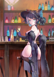 Rule 34 | 1girl, absurdres, alcohol, animal ears, ass, azur lane, bar (place), bare shoulders, black footwear, black gloves, black hat, blunt bangs, bottle, breasts, chair, cheshire (azur lane), cheshire (cait sith crooner) (azur lane), china dress, chinese clothes, closed mouth, commentary request, cup, dated, dress, drinking glass, elbow gloves, feather boa, fur trim, garter straps, gloves, hat, high heels, highres, holding, holding cup, indoors, janload1ng, knee up, large breasts, looking at viewer, looking back, medium breasts, multicolored hair, official alternate costume, pink eyes, purple dress, purple gloves, short hair, signature, smile, solo, streaked hair, thighhighs, thong, two-tone hair, wine glass