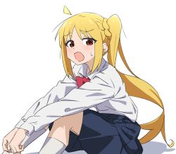 Rule 34 | 1girl, ahoge, blonde hair, blue skirt, bocchi the rock!, bow, bowtie, brown eyes, commentary request, highres, ijichi nijika, knees up, long hair, long sleeves, looking at viewer, oekakiism, open mouth, pleated skirt, red bow, school uniform, shimokitazawa high school uniform, shirt, side ponytail, sidelocks, sitting, skirt, solo, sweatdrop, white background, white shirt