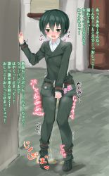 Rule 34 | 1girl, belt, belt pouch, between legs, blush, boots, breath, embarrassed, full body, green eyes, green footwear, green hair, green jacket, green pants, hand between legs, hand up, have to pee, heart, highres, indoors, jacket, kino (kino no tabi), kino no tabi, long sleeves, matching hair/eyes, open mouth, pants, peeing, peeing self, pigeon-toed, pouch, shirt, short hair, solo, standing, steam, sweat, tears, text focus, translation request, trembling, wet, wet clothes, white shirt, yoi naosuke