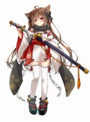 Rule 34 | 1girl, :3, ahoge, amane tari, animal ears, bell, blush, brown hair, cat ears, highres, holding, holding sheath, holding sword, holding weapon, long hair, looking at viewer, original, pink eyes, sheath, smile, solo, sword, thighhighs, unsheathing, weapon, white thighhighs
