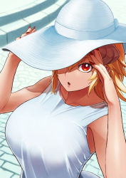 Rule 34 | 1girl, blonde hair, breasts, chestnut mouth, fujioka yatsufusa, hand up, hat, highres, horns, krushu cornou, large breasts, looking at viewer, nail polish, outdoors, pixiv fantasia, pixiv fantasia last saga, red eyes, red nails, solo, sun hat, upper body, white hat