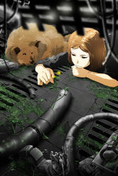 Rule 34 | 1girl, 71, brown hair, cable, head rest, dog, flower, machine, plant, red eyes, ruins, science fiction, short hair, solo, tube, vines