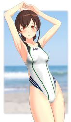 Rule 34 | 1girl, absurdres, arms up, blue sky, blurry, breasts, brown hair, clothes writing, cloud, competition swimsuit, cowboy shot, day, depth of field, highres, horizon, kantai collection, long hair, looking at viewer, low ponytail, multicolored clothes, multicolored swimsuit, ocean, one-piece swimsuit, orange eyes, outdoors, parted lips, sky, small breasts, solo, souya (kancolle), swimsuit, takafumi, waves, white one-piece swimsuit