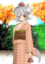 Rule 34 | 1girl, ahoge, alternate costume, animal ears, blush, breast slip, breasts, day, female focus, hair ornament, hairpin, hat, highres, inubashiri momiji, japanese clothes, kimono, nature, nipples, no bra, one breast out, outdoors, red eyes, short hair, silver hair, small breasts, smile, solo, tail, takara akihito, tokin hat, touhou, unmoving pattern, wolf ears, wolf tail