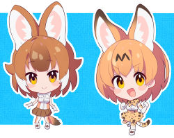 Rule 34 | 2girls, animal ears, bad id, bad pixiv id, blush, bow, bowtie, breasts, brown hair, chibi, closed mouth, dhole (kemono friends), elbow gloves, gloves, highres, kemono friends, looking at viewer, medium breasts, multicolored hair, multiple girls, open mouth, orange eyes, orange hair, serval (kemono friends), serval tail, short hair, smile, tail, takom, traditional bowtie, two-tone hair, white hair