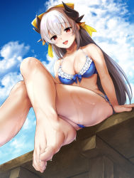 Rule 34 | 1girl, arm support, barefoot, bikini, blue bikini, blue sky, blush, bow, breasts, cleavage, cloud, cloudy sky, crossed legs, crotch, day, fate/grand order, fate (series), feet, foot focus, foreshortening, frill trim, frills, from below, front-tie bikini top, front-tie top, hair bow, high ponytail, highres, horns, ipuu (el-ane koubou), kiyohime (fate), kiyohime (fate/grand order), kiyohime (swimsuit lancer) (fate), kiyohime (swimsuit lancer) (third ascension) (fate), large breasts, long hair, looking at viewer, looking down, open mouth, outdoors, ponytail, red eyes, silver hair, sitting, skindentation, sky, smile, solo, swimsuit, toes, wet